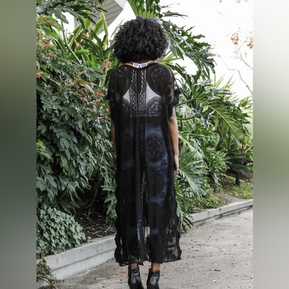 544. Black Maxi Kimono Duster Black Sexy Bohemian Lace Open Front coverup - Picture 3 of 3